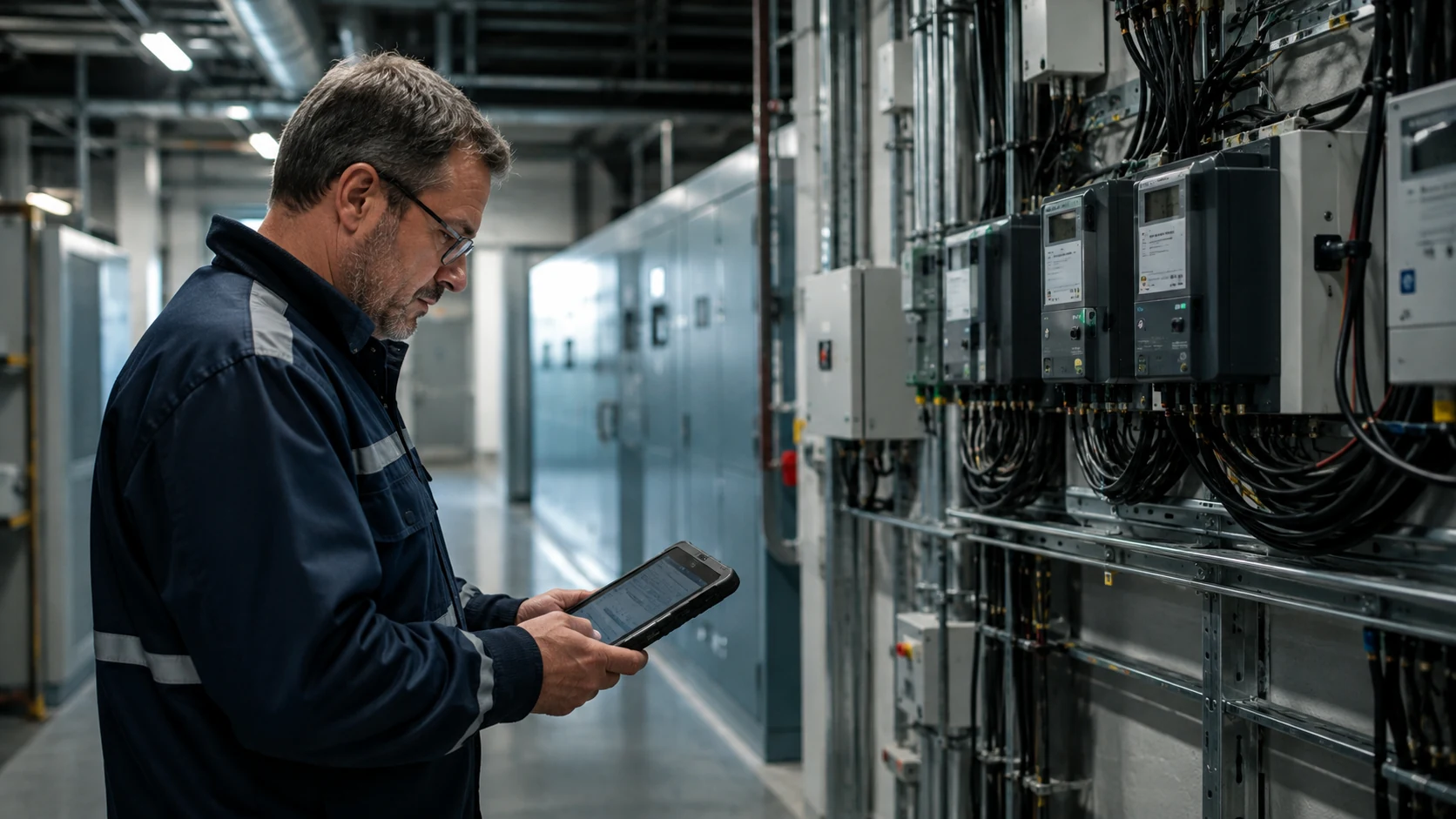 Technicien contrôlant des données de consommation électrique dans une installation industrielle.
