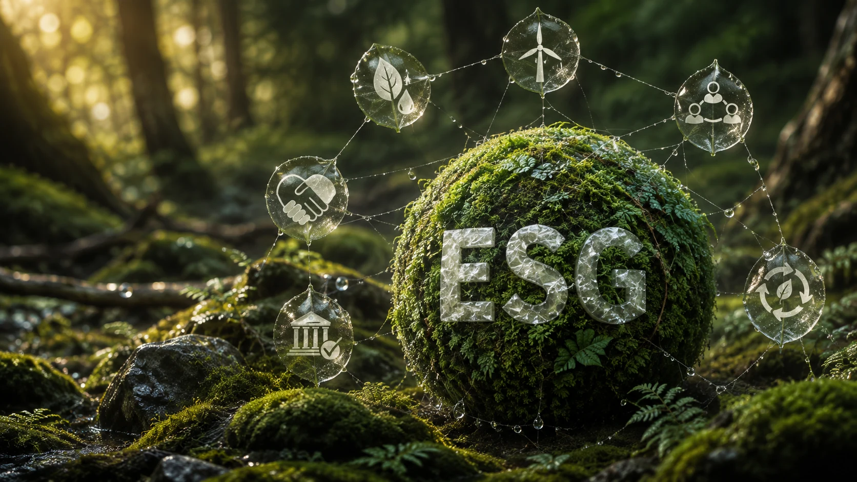 Composition naturelle illustrant les dimensions environnementales, sociales et de gouvernance autour des lettres ESG.
