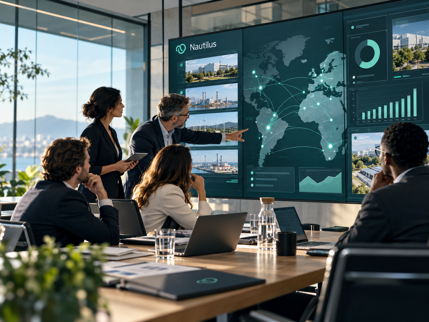 Équipe de direction analysant les données carbone de plusieurs filiales internationales sur un tableau de pilotage.