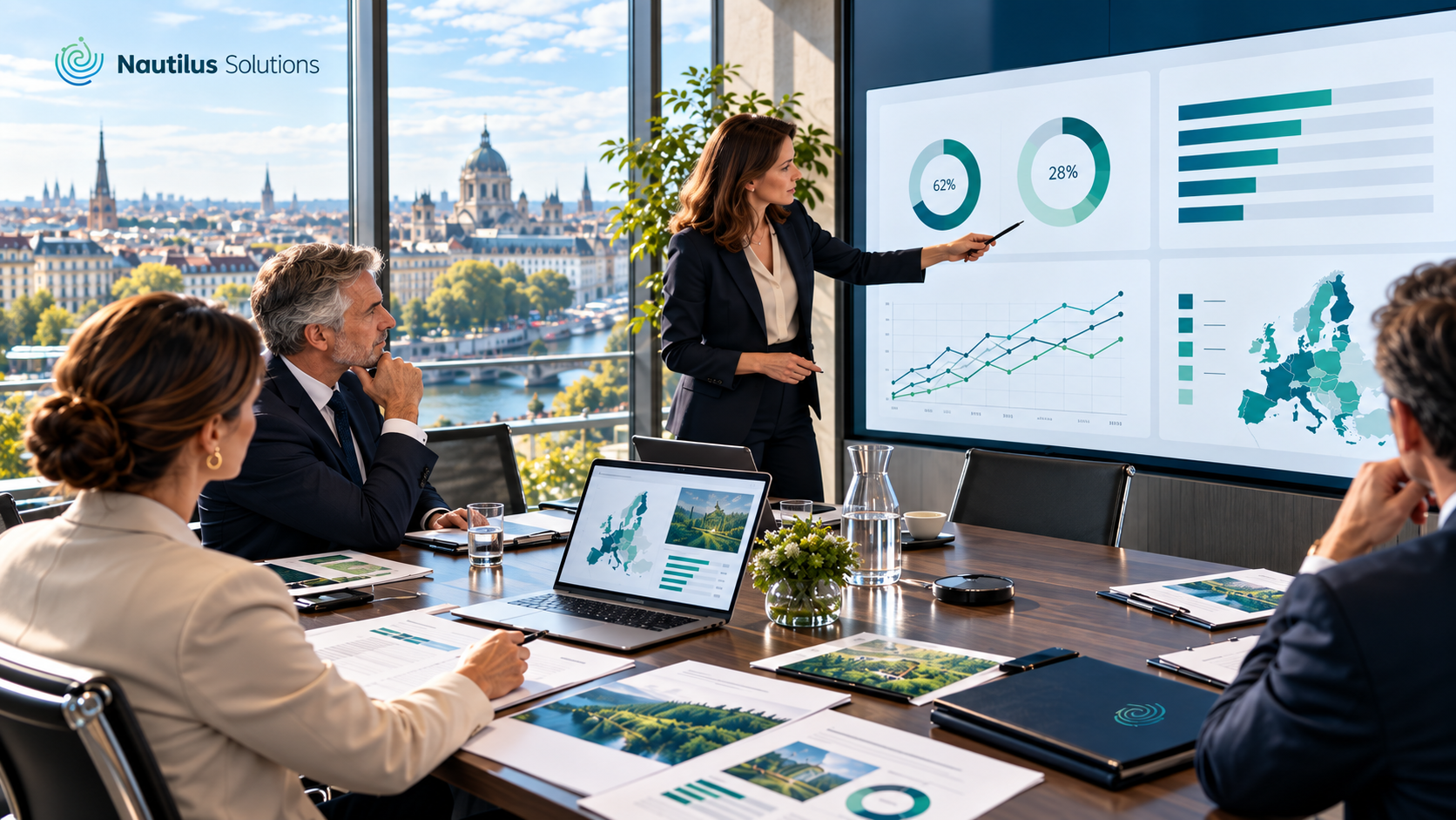Équipe d’investissement analysant des indicateurs ESG, l’exposition européenne et des données de finance durable lors d’une réunion de décision.