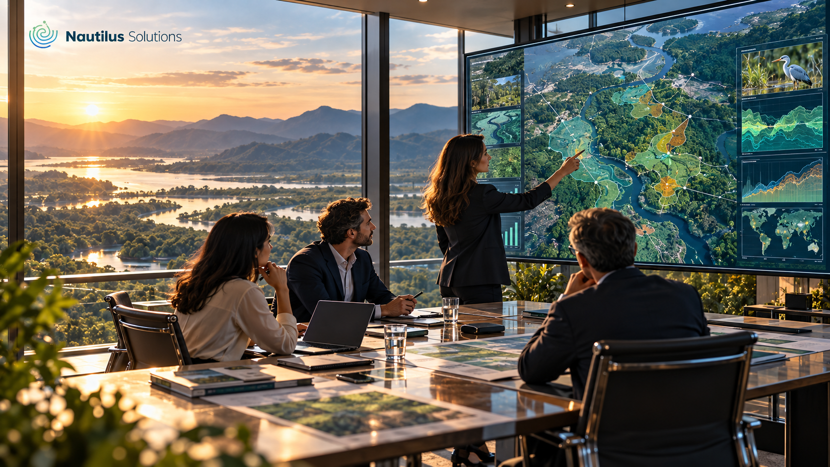 Équipe de direction cartographiant des dépendances et risques liés à la nature à partir de données territoriales et environnementales.